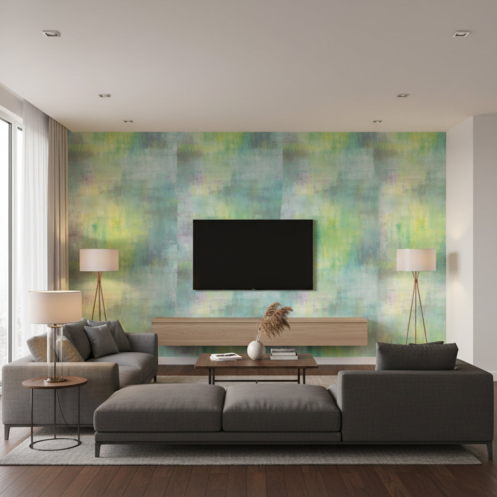 Pastel Wash Contemporary Abstract - Lime Green, Teal, & Purple Haze | Architectural Wallcoverings - Living Room Visualization (AI-generated, may not be to scale. Verify pattern scale with product specifications.)