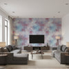 Pastel Wash Contemporary Abstract - Lavender, Scarlet, & Sky Blue | Architectural Wallcoverings - Living Room Visualization (AI-generated, may not be to scale. Verify pattern scale with product specifications.)