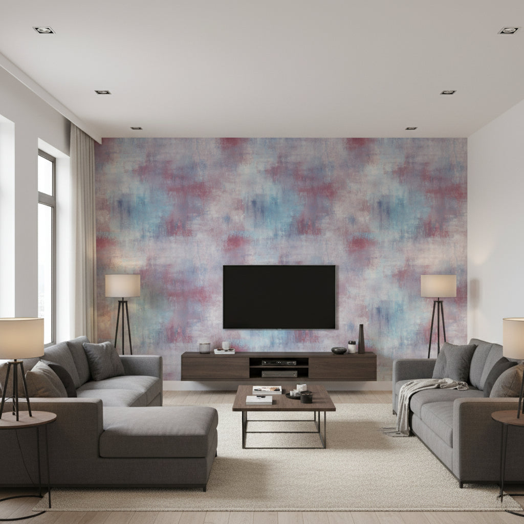 Pastel Wash Contemporary Abstract - Lavender, Scarlet, & Sky Blue | Architectural Wallcoverings - Living Room Visualization (AI-generated, may not be to scale. Verify pattern scale with product specifications.)