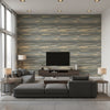 Rainbrow Brush Contemporary Abstract - Gold, Greige, & Tan | Architectural Wallcoverings - Living Room Visualization (AI-generated, may not be to scale. Verify pattern scale with product specifications.)