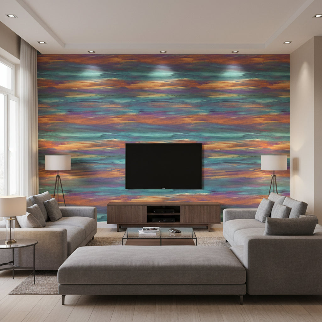 Rainbrow Brush Contemporary Abstract - Cerulean, Clementine, & Purple | Architectural Wallcoverings - Living Room Visualization (AI-generated, may not be to scale. Verify pattern scale with product specifications.)