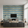 Rainbrow Brush Contemporary Abstract - Blue & Gold | Architectural Wallcoverings - Living Room Visualization (AI-generated, may not be to scale. Verify pattern scale with product specifications.)