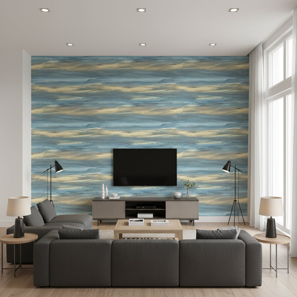 Rainbrow Brush Contemporary Abstract - Blue & Gold | Architectural Wallcoverings - Living Room Visualization (AI-generated, may not be to scale. Verify pattern scale with product specifications.)