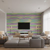 Rainbrow Brush Contemporary Abstract - Lime Green, Purple, & Teal | Architectural Wallcoverings - Living Room Visualization (AI-generated, may not be to scale. Verify pattern scale with product specifications.)