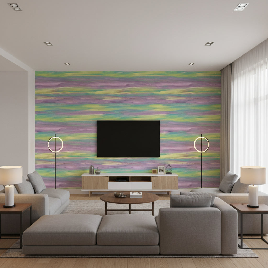Rainbrow Brush Contemporary Abstract - Lime Green, Purple, & Teal | Architectural Wallcoverings - Living Room Visualization (AI-generated, may not be to scale. Verify pattern scale with product specifications.)