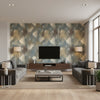 Rainbow Clover Contemporary Abstract - Metallic Gold, Greige, & Brown | Architectural Wallcoverings - Living Room Visualization (AI-generated, may not be to scale. Verify pattern scale with product specifications.)