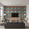 Rainbow Clover Contemporary Abstract - Metallic Gold, Red-Orange, & Blue | Architectural Wallcoverings - Living Room Visualization (AI-generated, may not be to scale. Verify pattern scale with product specifications.)