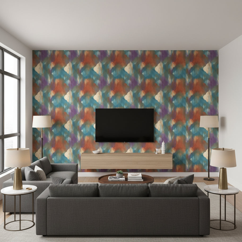 Rainbow Clover Contemporary Abstract - Metallic Gold, Red-Orange, & Blue | Architectural Wallcoverings - Living Room Visualization (AI-generated, may not be to scale. Verify pattern scale with product specifications.)