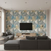 Rainbow Clover Contemporary Abstract - Gold, Brown, & Blue | Architectural Wallcoverings - Living Room Visualization (AI-generated, may not be to scale. Verify pattern scale with product specifications.)