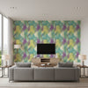 Rainbow Clover Contemporary Abstract - Lime Green, Teal, & Purple | Architectural Wallcoverings - Living Room Visualization (AI-generated, may not be to scale. Verify pattern scale with product specifications.)