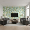 Watercolor Floral Contemporary Floral - Lime Green, Teal, & Off-White | Architectural Wallcoverings - Living Room Visualization (AI-generated, may not be to scale. Verify pattern scale with product specifications.)