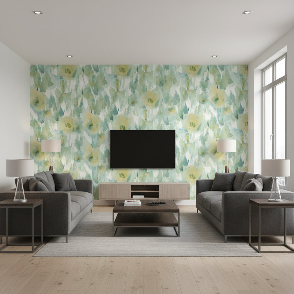 Watercolor Floral Contemporary Floral - Lime Green, Teal, & Off-White | Architectural Wallcoverings - Living Room Visualization (AI-generated, may not be to scale. Verify pattern scale with product specifications.)