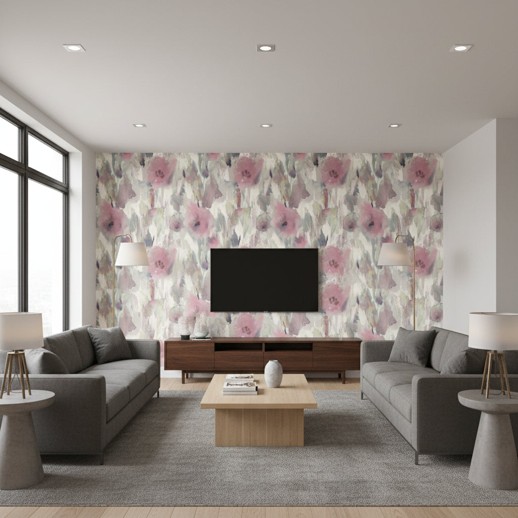 Watercolor Floral Contemporary Floral - Pearl, Blush, & Gray | Architectural Wallcoverings - Living Room Visualization (AI-generated, may not be to scale. Verify pattern scale with product specifications.)