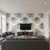 Watercolor Sunflower Contemporary Floral - Metallic Silver & Charcoal | Architectural Wallcoverings - Living Room Visualization (AI-generated, may not be to scale. Verify pattern scale with product specifications.)