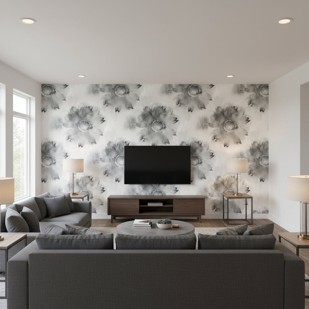 Watercolor Sunflower Contemporary Floral - Metallic Silver & Charcoal | Architectural Wallcoverings - Living Room Visualization (AI-generated, may not be to scale. Verify pattern scale with product specifications.)