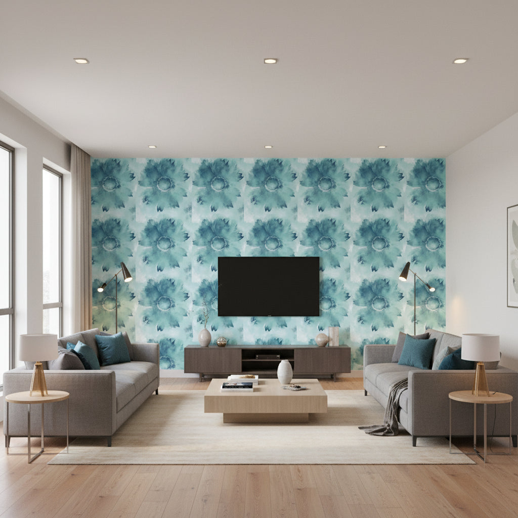 Watercolor Sunflower Contemporary Floral - Metallic Teal & Ice Blue | Architectural Wallcoverings - Living Room Visualization (AI-generated, may not be to scale. Verify pattern scale with product specifications.)