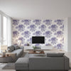 Watercolor Sunflower Contemporary Floral - Metallic Purple Haze & Pearl | Architectural Wallcoverings - Living Room Visualization (AI-generated, may not be to scale. Verify pattern scale with product specifications.)