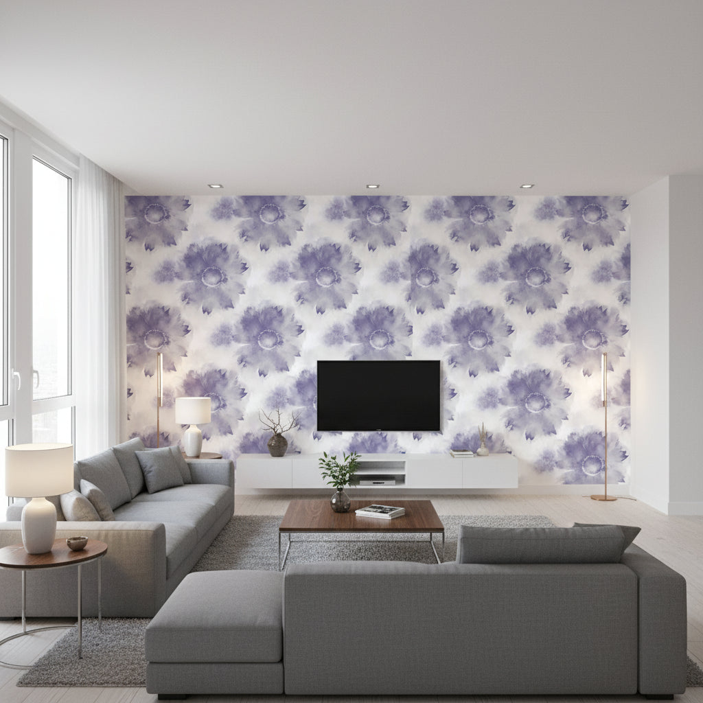 Watercolor Sunflower Contemporary Floral - Metallic Purple Haze & Pearl | Architectural Wallcoverings - Living Room Visualization (AI-generated, may not be to scale. Verify pattern scale with product specifications.)