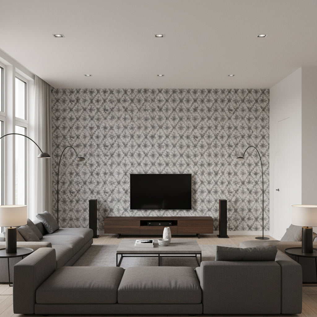 Shibori Geo Contemporary Geometric - Metallic Silver & Charcoal | Architectural Wallcoverings - Living Room Visualization (AI-generated, may not be to scale. Verify pattern scale with product specifications.)