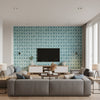 Shibori Geo Contemporary Geometric - Metallic Teal | Architectural Wallcoverings - Living Room Visualization (AI-generated, may not be to scale. Verify pattern scale with product specifications.)