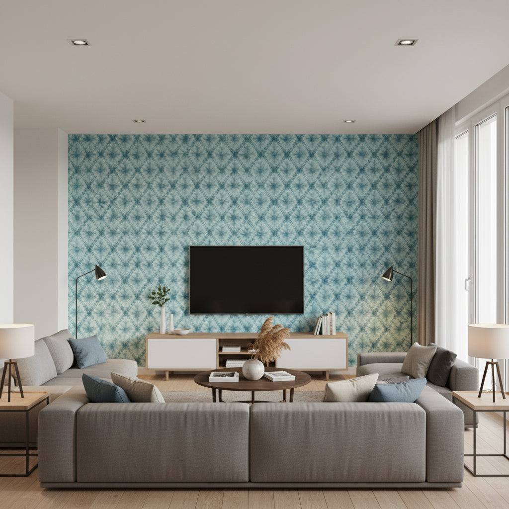 Shibori Geo Contemporary Geometric - Metallic Teal | Architectural Wallcoverings - Living Room Visualization (AI-generated, may not be to scale. Verify pattern scale with product specifications.)