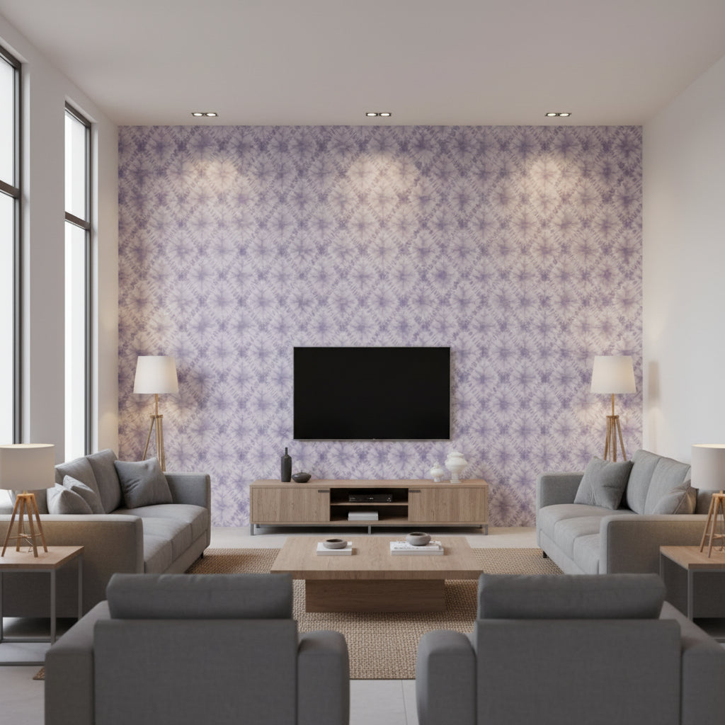 Shibori Geo Contemporary Geometric - Metallic Purple Haze | Architectural Wallcoverings - Living Room Visualization (AI-generated, may not be to scale. Verify pattern scale with product specifications.)