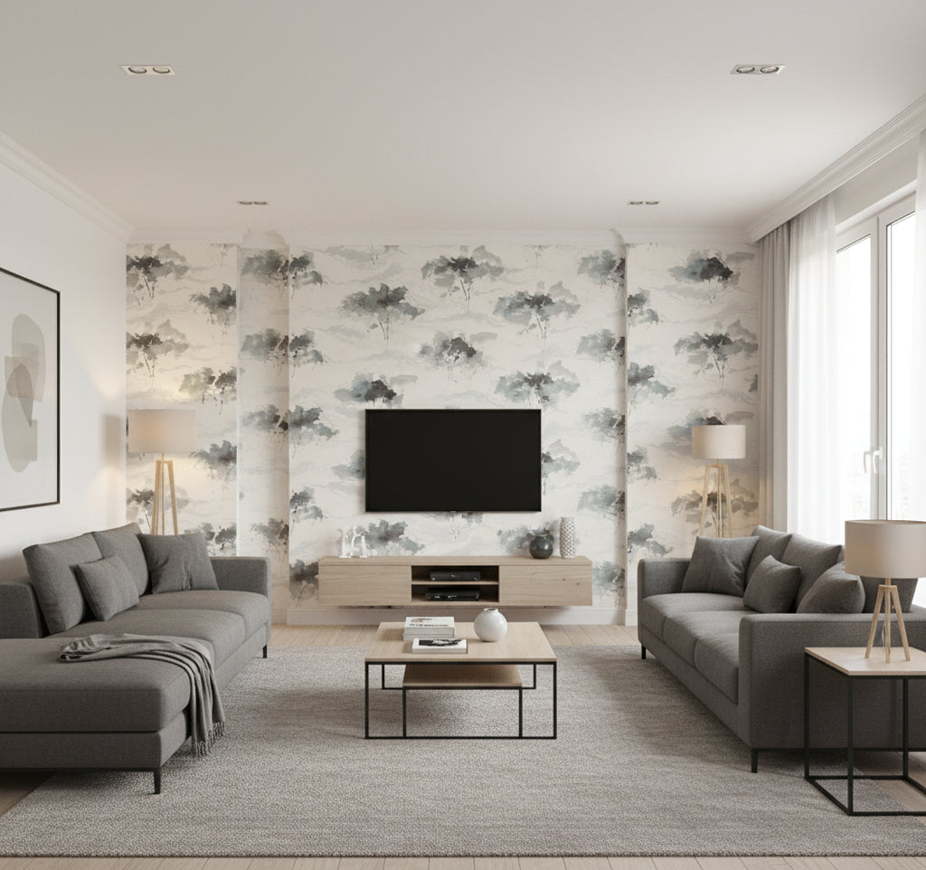 Brushstroke Trees Contemporary Abstract - Metallic Silver, Ebony, & Pearl | Architectural Wallcoverings - Living Room Visualization (AI-generated, may not be to scale. Verify pattern scale with product specifications.)