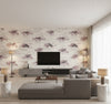 Brushstroke Trees Contemporary Abstract - Metallic Mauve, Ebony, & Pearl | Architectural Wallcoverings - Living Room Visualization (AI-generated, may not be to scale. Verify pattern scale with product specifications.)