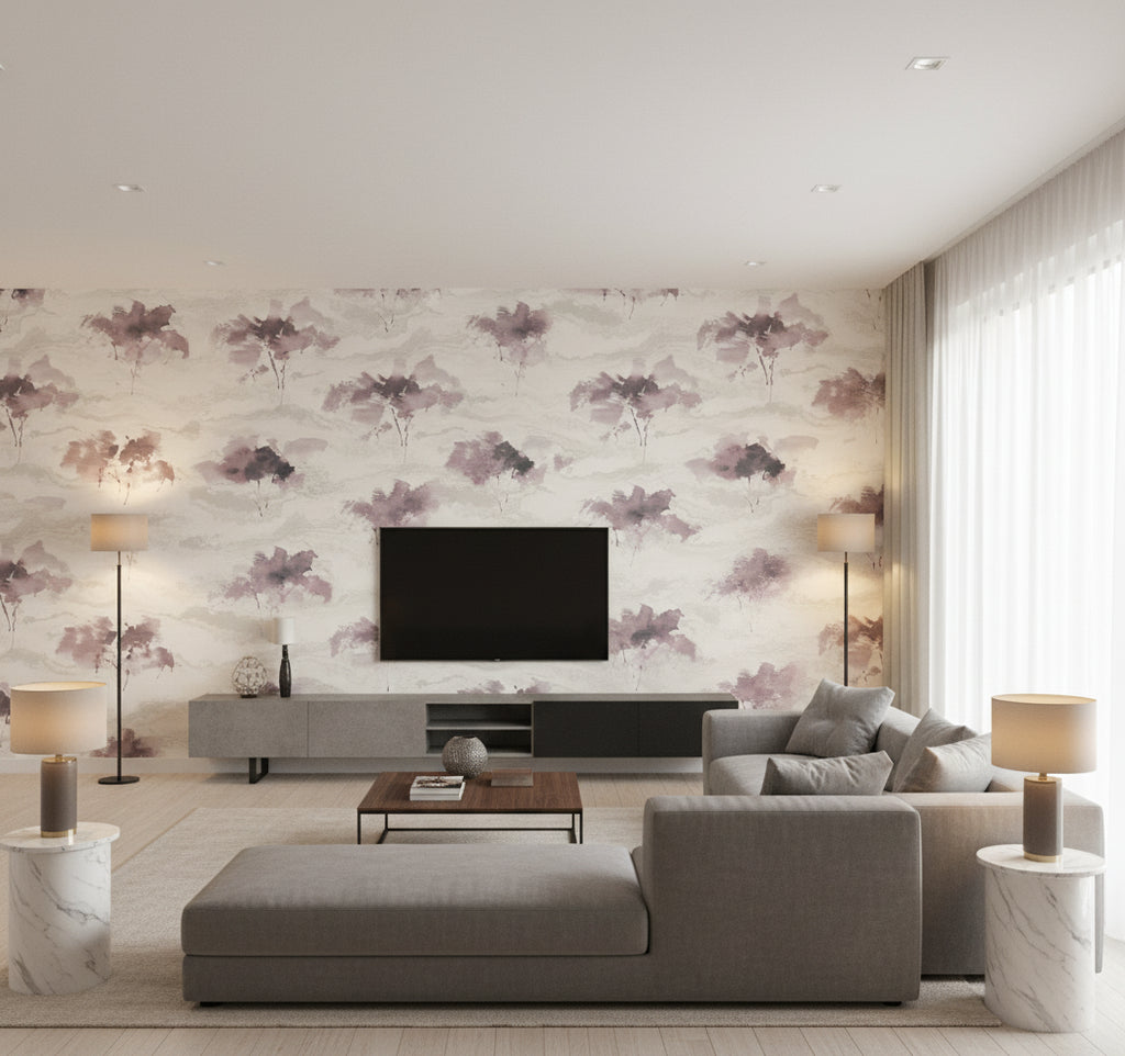 Brushstroke Trees Contemporary Abstract - Metallic Mauve, Ebony, & Pearl | Architectural Wallcoverings - Living Room Visualization (AI-generated, may not be to scale. Verify pattern scale with product specifications.)