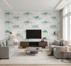 Brushstroke Trees Contemporary Abstract - Metallic Teal & Pearl | Architectural Wallcoverings - Living Room Visualization (AI-generated, may not be to scale. Verify pattern scale with product specifications.)