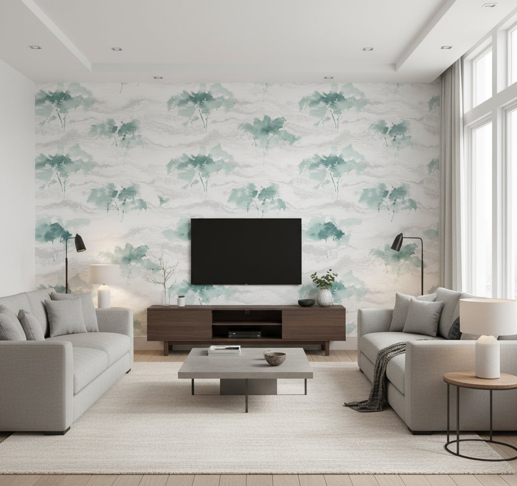 Brushstroke Trees Contemporary Abstract - Metallic Teal & Pearl | Architectural Wallcoverings - Living Room Visualization (AI-generated, may not be to scale. Verify pattern scale with product specifications.)