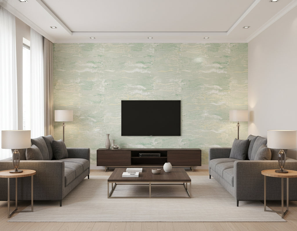Bleached Wave Contemporary Abstract - Metallic Pearl & Aloe Green | Architectural Wallcoverings - Living Room Visualization (AI-generated, may not be to scale. Verify pattern scale with product specifications.)