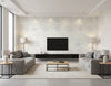 Bleached Wave Contemporary Abstract - Metallic Champagne & Gray | Architectural Wallcoverings - Living Room Visualization (AI-generated, may not be to scale. Verify pattern scale with product specifications.)
