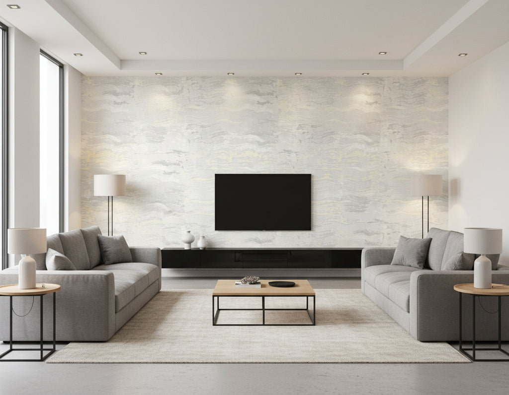 Bleached Wave Contemporary Abstract - Metallic Champagne & Gray | Architectural Wallcoverings - Living Room Visualization (AI-generated, may not be to scale. Verify pattern scale with product specifications.)