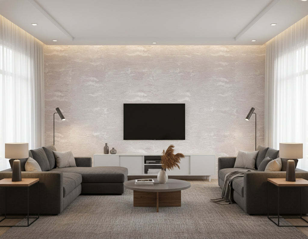 Bleached Wave Contemporary Abstract - Metallic Pearl & Gray | Architectural Wallcoverings - Living Room Visualization (AI-generated, may not be to scale. Verify pattern scale with product specifications.)