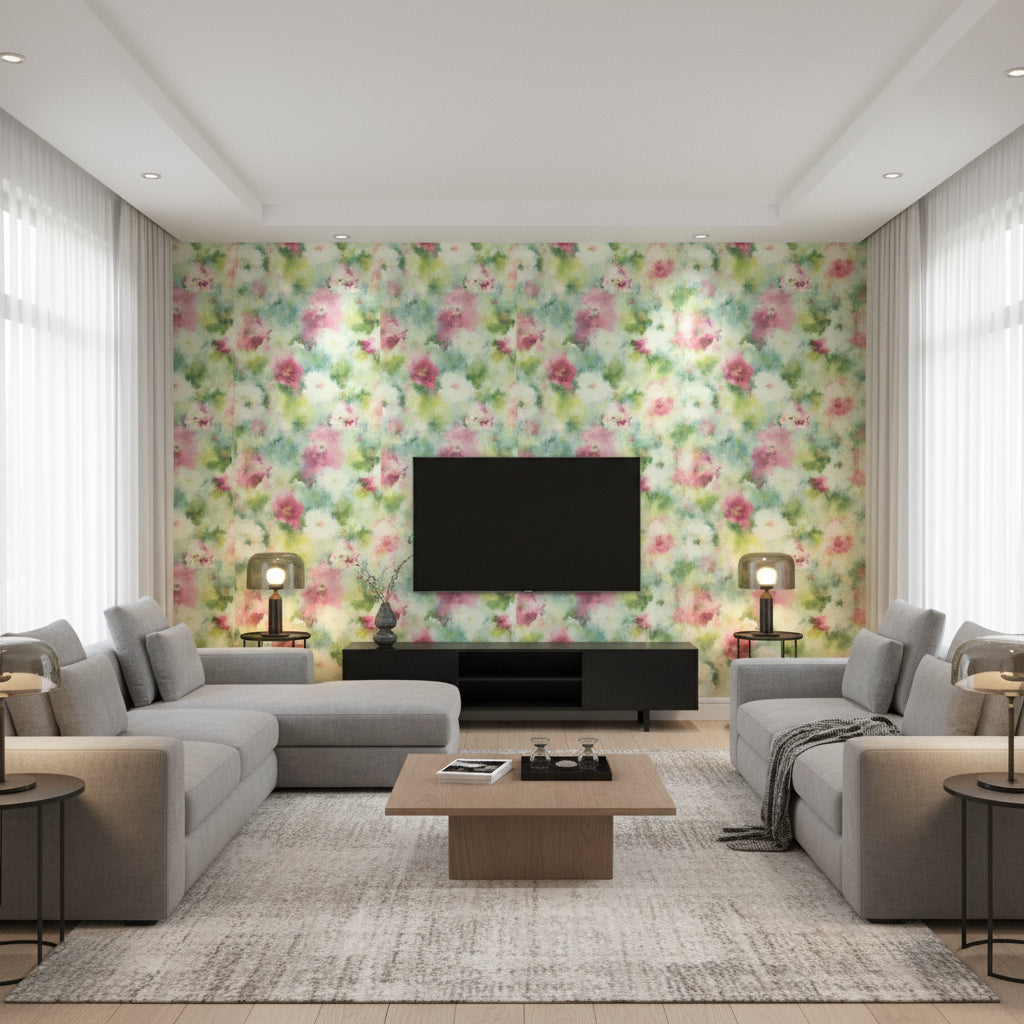 Abstract Floral Contemporary Floral - Hot Pink, Lime Green, & Off-White | Architectural Wallcoverings - Living Room Visualization (AI-generated, may not be to scale. Verify pattern scale with product specifications.)