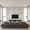 Abstract Floral Contemporary Floral - Metallic Silver, Off-White, & Sky Blue | Architectural Wallcoverings - Living Room Visualization (AI-generated, may not be to scale. Verify pattern scale with product specifications.)