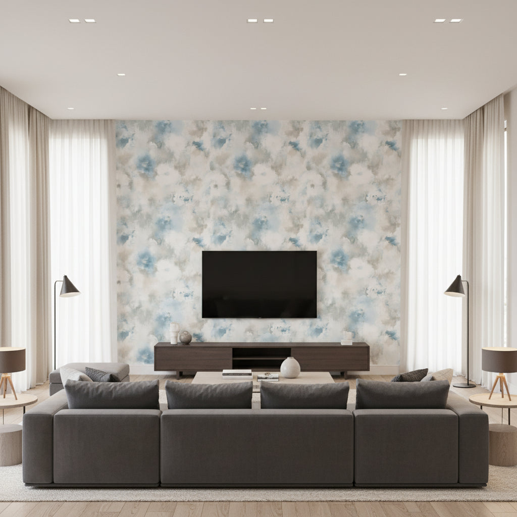 Abstract Floral Contemporary Floral - Metallic Silver, Off-White, & Sky Blue | Architectural Wallcoverings - Living Room Visualization (AI-generated, may not be to scale. Verify pattern scale with product specifications.)