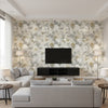 Abstract Floral Contemporary Floral - Antique Gold, Gray, & Off-White | Architectural Wallcoverings - Living Room Visualization (AI-generated, may not be to scale. Verify pattern scale with product specifications.)