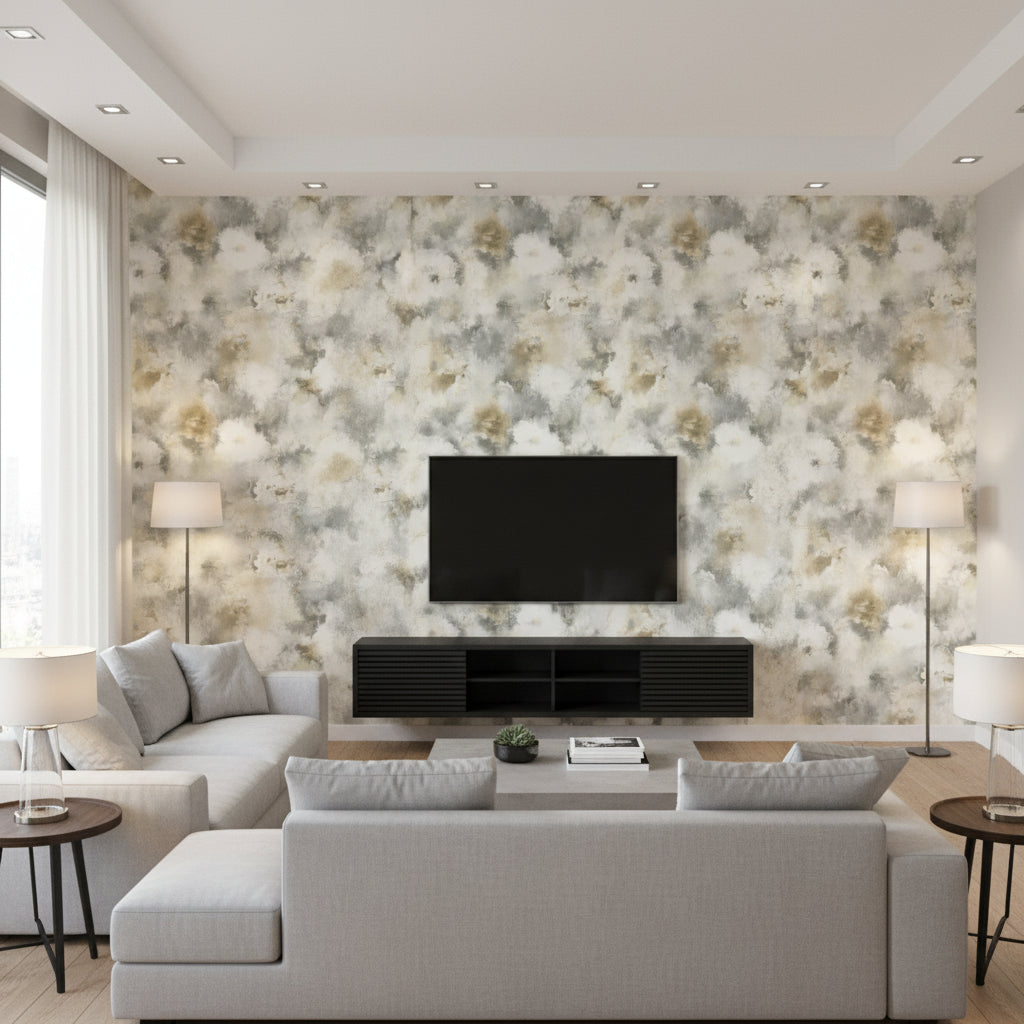 Abstract Floral Contemporary Floral - Antique Gold, Gray, & Off-White | Architectural Wallcoverings - Living Room Visualization (AI-generated, may not be to scale. Verify pattern scale with product specifications.)