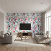 Abstract Floral Contemporary Floral - Denim Blue, Scarlet, & Off-White | Architectural Wallcoverings - Living Room Visualization (AI-generated, may not be to scale. Verify pattern scale with product specifications.)
