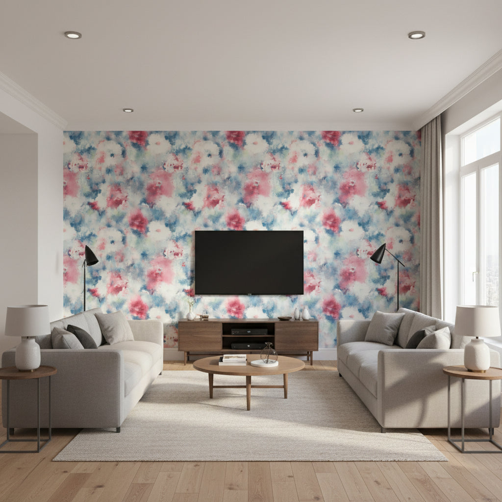 Abstract Floral Contemporary Floral - Denim Blue, Scarlet, & Off-White | Architectural Wallcoverings - Living Room Visualization (AI-generated, may not be to scale. Verify pattern scale with product specifications.)