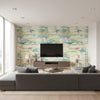 Spatula Stripes Contemporary Stripe - Lime Green, Teal, & Hot Pink | Architectural Wallcoverings - Living Room Visualization (AI-generated, may not be to scale. Verify pattern scale with product specifications.)