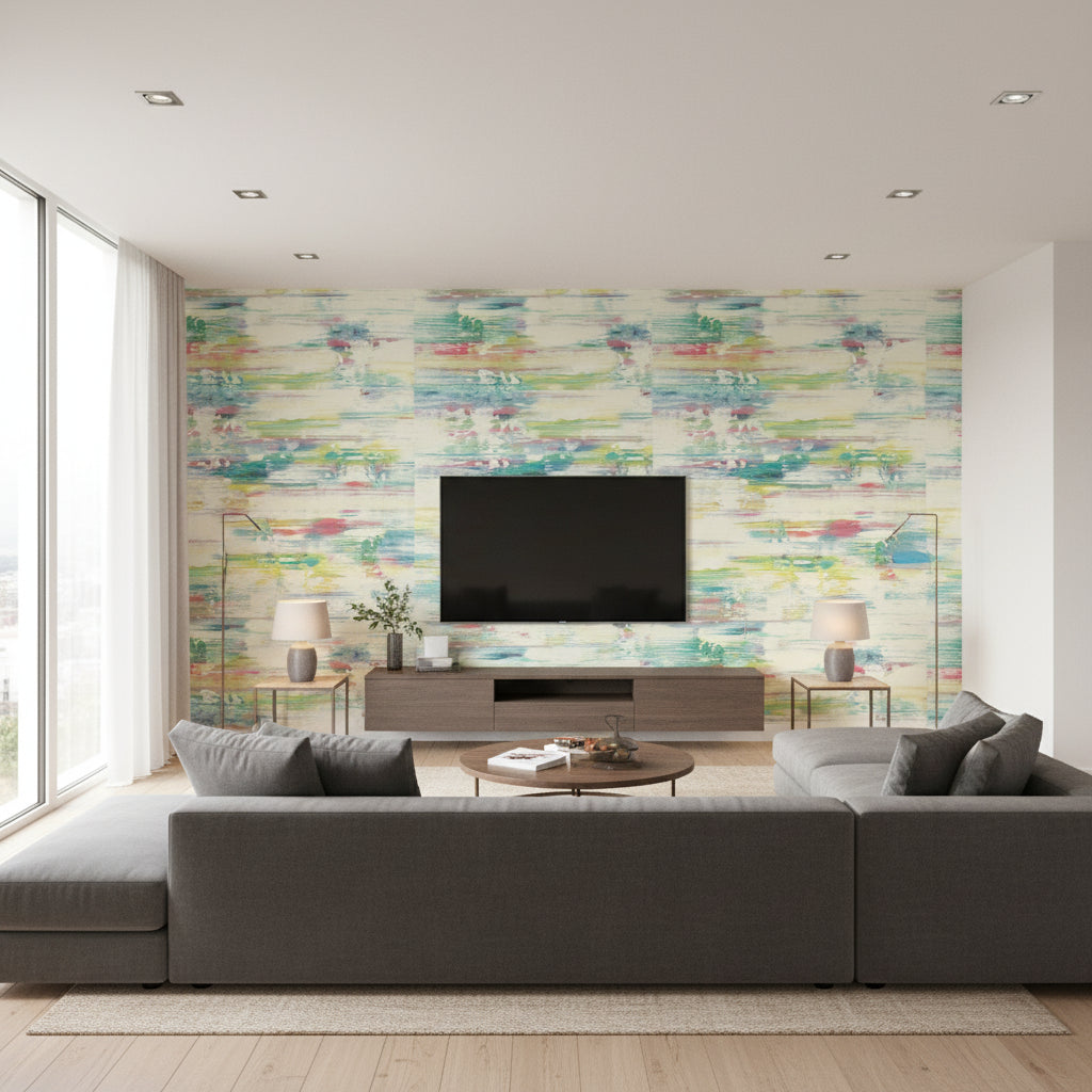 Spatula Stripes Contemporary Stripe - Lime Green, Teal, & Hot Pink | Architectural Wallcoverings - Living Room Visualization (AI-generated, may not be to scale. Verify pattern scale with product specifications.)