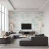 Spatula Stripes Contemporary Stripe - Sky Blue, Silver, & Off-White | Architectural Wallcoverings - Living Room Visualization (AI-generated, may not be to scale. Verify pattern scale with product specifications.)