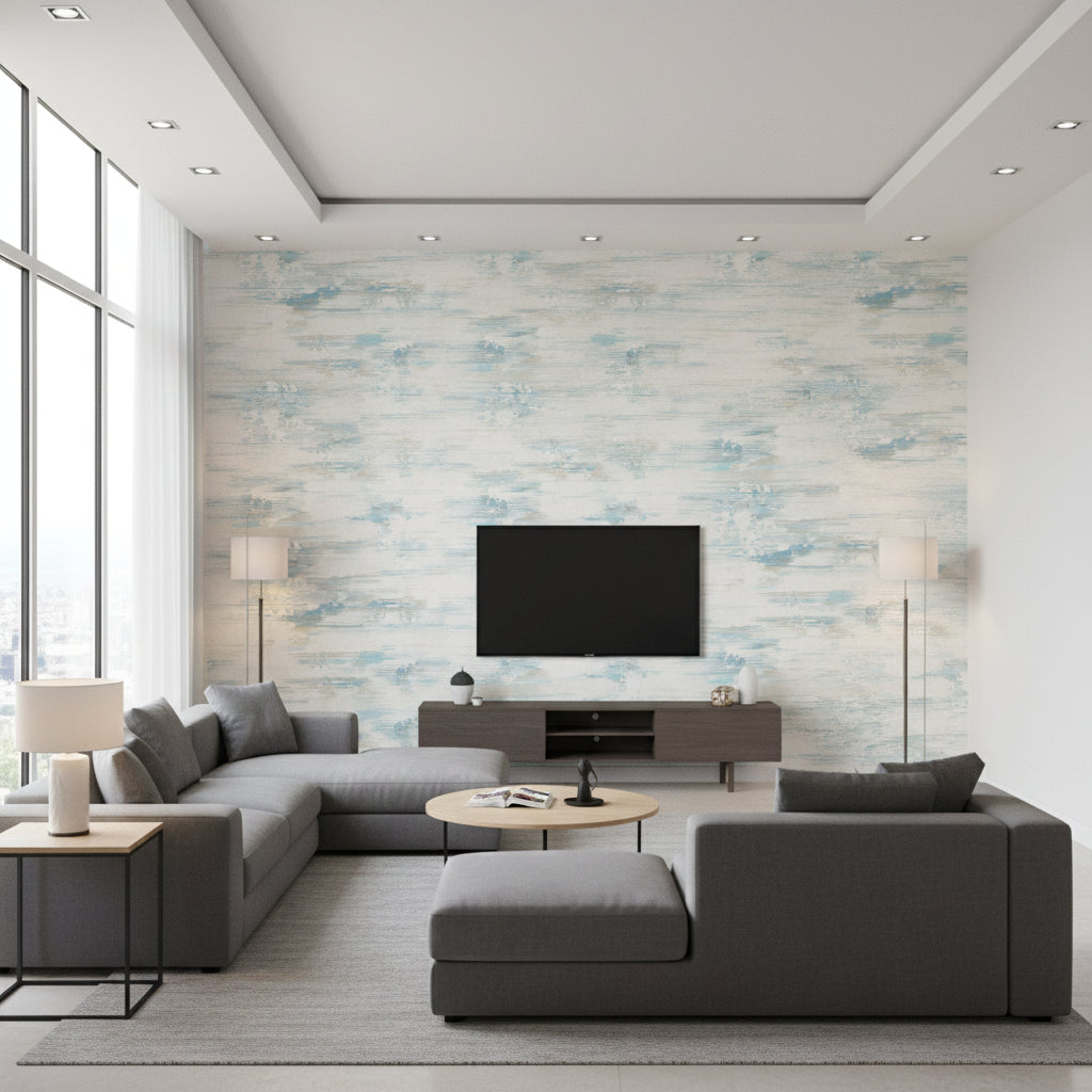 Spatula Stripes Contemporary Stripe - Sky Blue, Silver, & Off-White | Architectural Wallcoverings - Living Room Visualization (AI-generated, may not be to scale. Verify pattern scale with product specifications.)