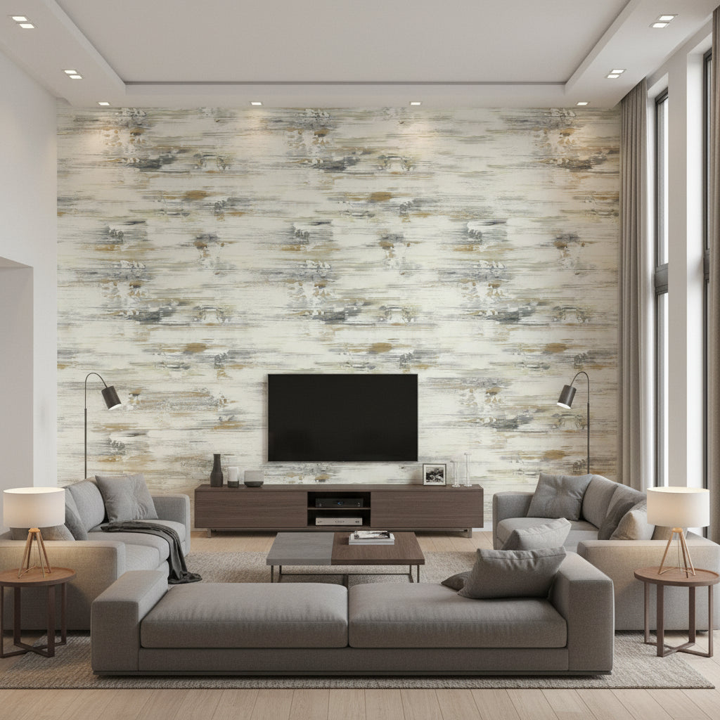 Spatula Stripes Contemporary Stripe - Gold, Gray, & Off-White | Architectural Wallcoverings - Living Room Visualization (AI-generated, may not be to scale. Verify pattern scale with product specifications.)