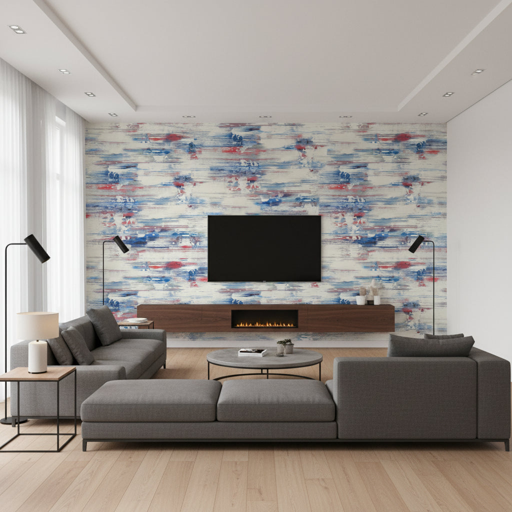 Spatula Stripes Contemporary Stripe - Royal Blue, Ruby, & Off-White | Architectural Wallcoverings - Living Room Visualization (AI-generated, may not be to scale. Verify pattern scale with product specifications.)