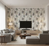 Soft Landscape Contemporary Abstract - Metallic Greige, Powder Blue, & Ivory | Architectural Wallcoverings - Living Room Visualization (AI-generated, may not be to scale. Verify pattern scale with product specifications.)