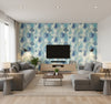 Soft Landscape Contemporary Abstract - Metallic Sky Blue, Cerulean, & Aloe Green | Architectural Wallcoverings - Living Room Visualization (AI-generated, may not be to scale. Verify pattern scale with product specifications.)